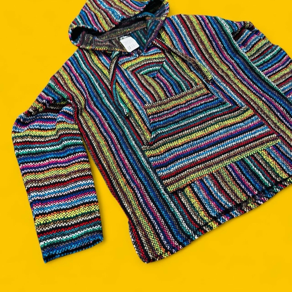 Rainbow Colorful Baja Hoodie Mexican Blanket Pullover Poncho Youth L Women S